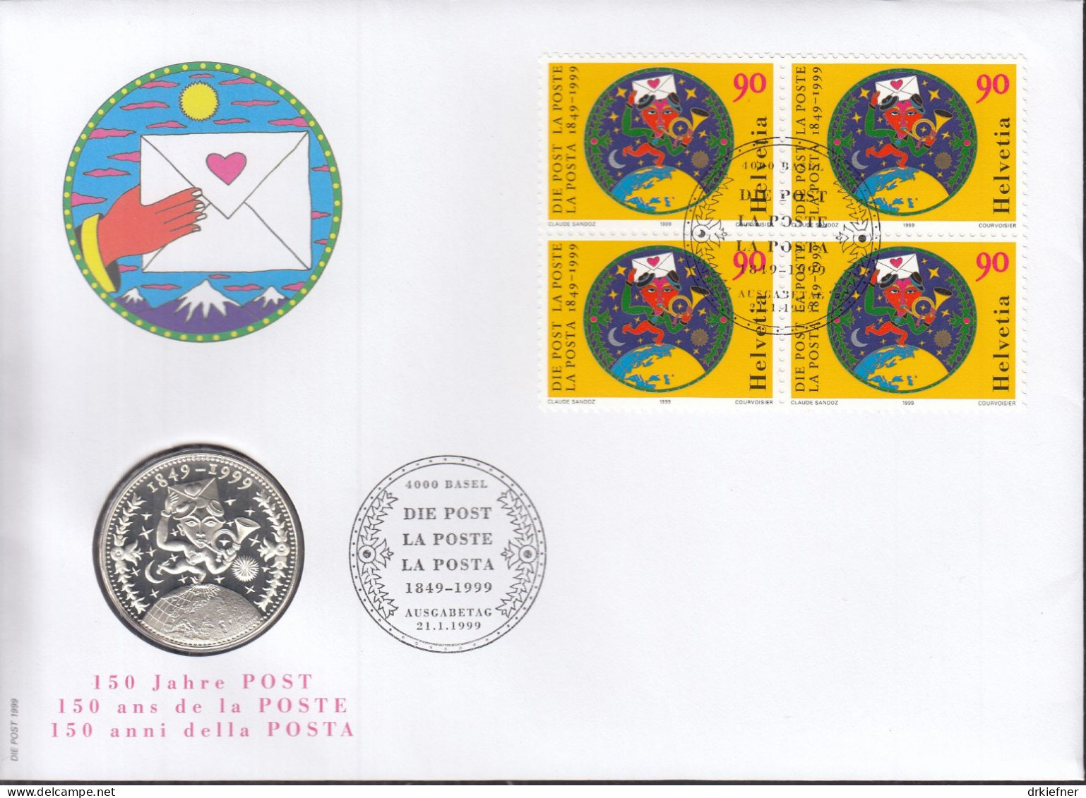 SCHWEIZ Numisbrief Mit Amtlicher 20 SFr Silbermünze, 1999, Stempel Basel, Marke Mi.Nr.1672 4erBlock, 150 Jahre Post - Covers & Documents