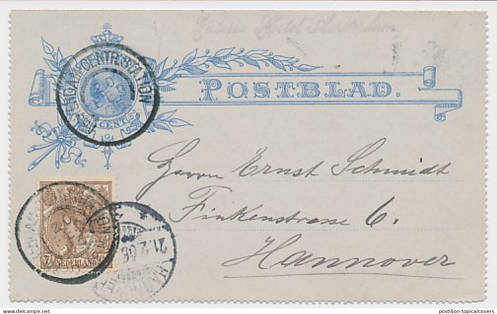 Postblad G. 5 Y / Bijfr. Amsterdam - Hannover Duitsland 1905 - Material Postal