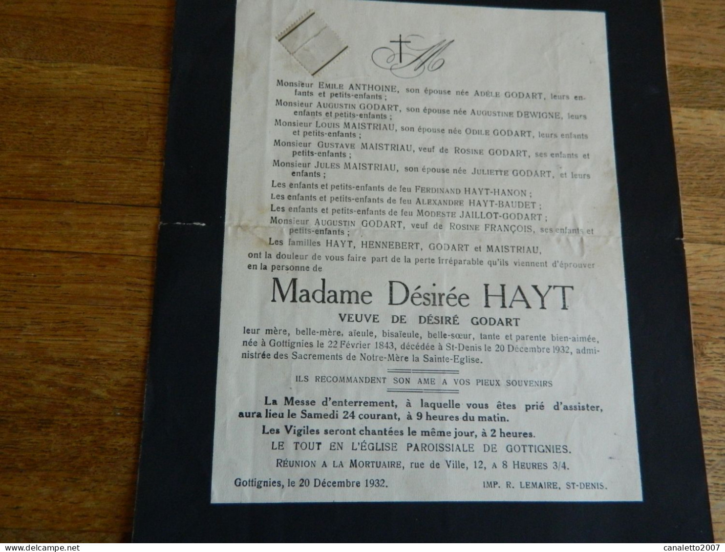GOTTIGNIES :FAIR PART DE DECE DE  DESIREE HAYT VV DE DESIRE GODART 1843-1932 - Décès