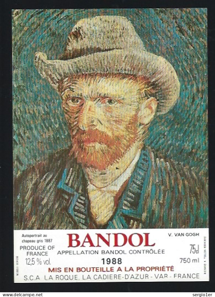 Etiquette Vin Bandol 1988  La Roque La Cadiere D'azur  " Autoportrait Au Chapeau Gris 1887  V Van-Gogh" - Roséwijn