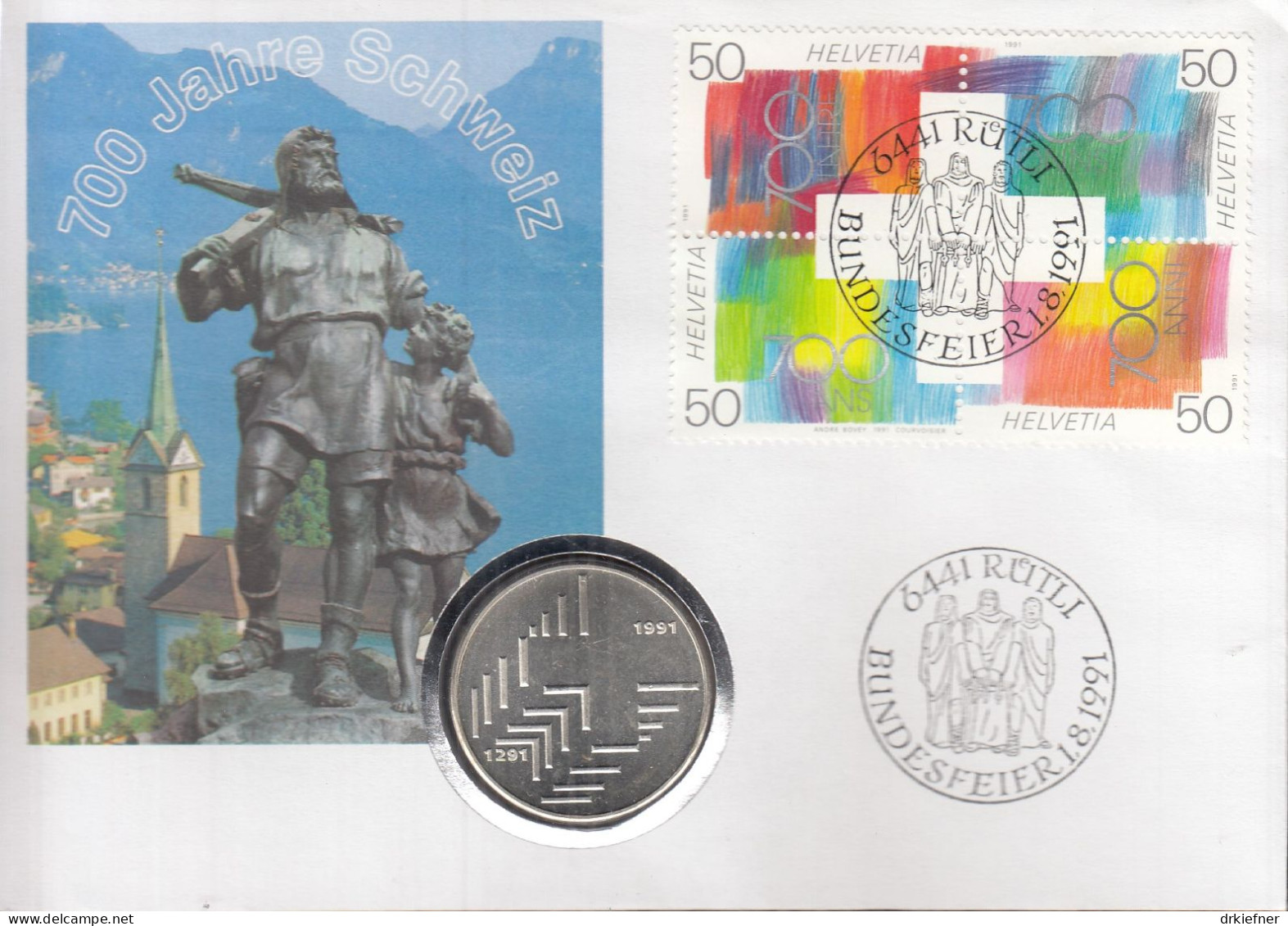 SCHWEIZ Numisbrief Mit Amtlicher 20 SFr Silbermünze, 1991, Stempel Rütli, Marke Mi.Nr.1438-1441, 700 Jahre Schweiz - Briefe U. Dokumente