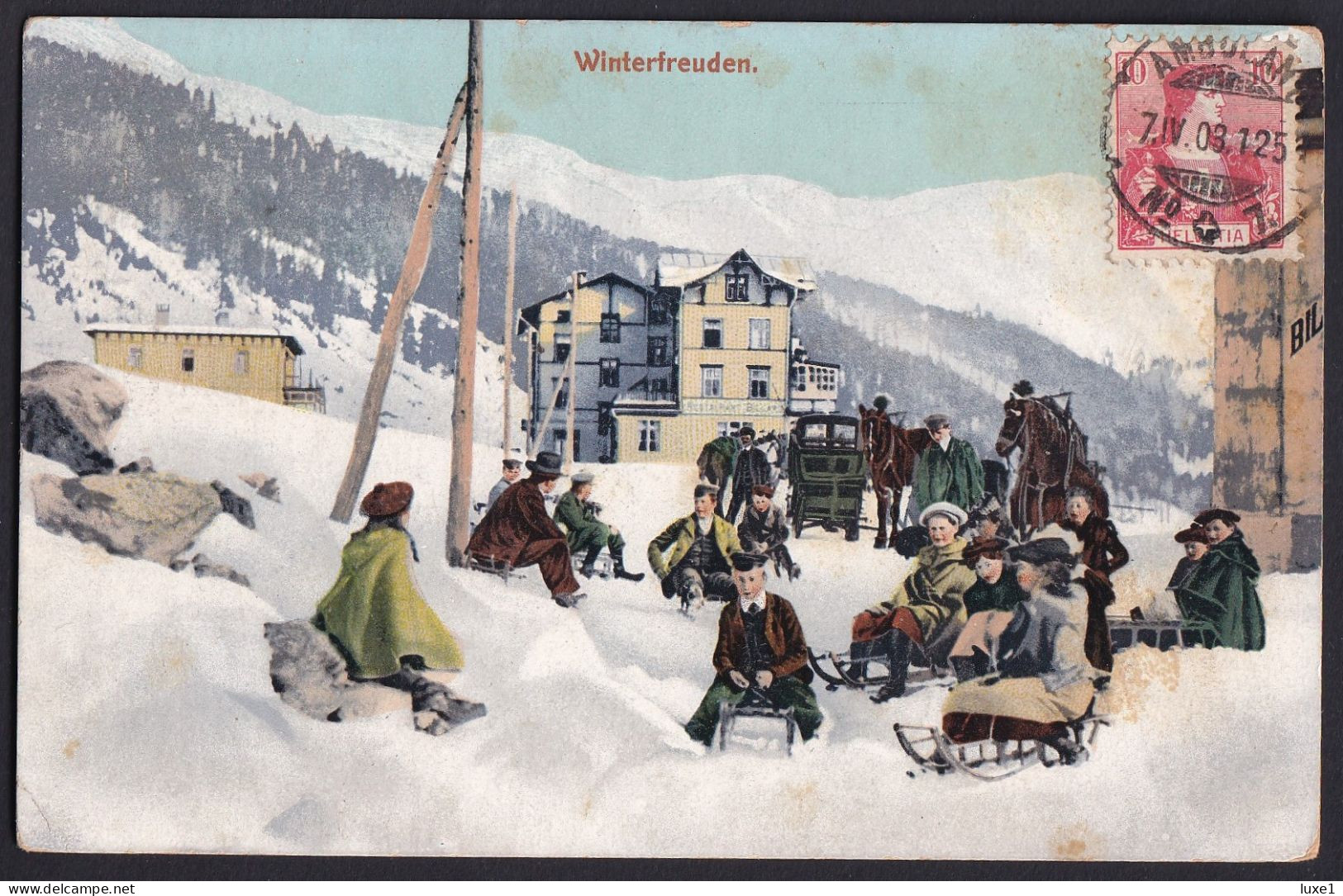 SWITZERLAND  ,   WINTERFREUDEN  ,   CANCEL AMBULANT 7   ,  OLD  POSTCARD - Davos