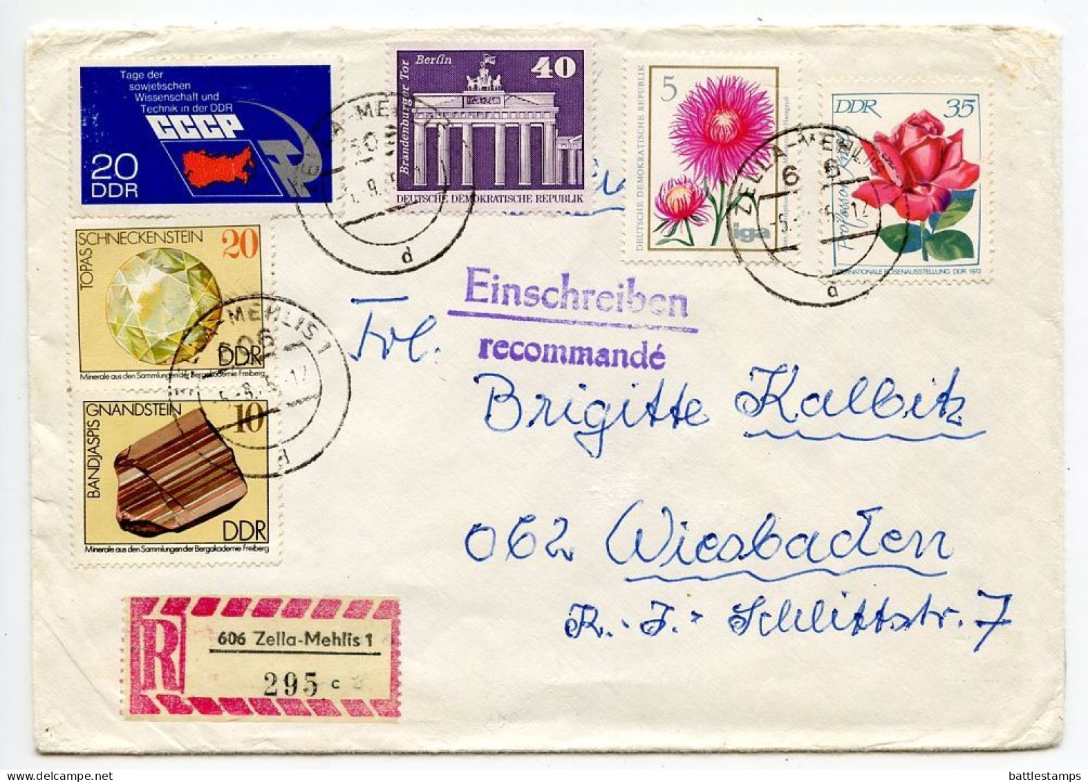 Germany East 1975 Registered Cover; Zella-Mehlis To Wiesbaden; Mix Of Stamps - Brieven En Documenten