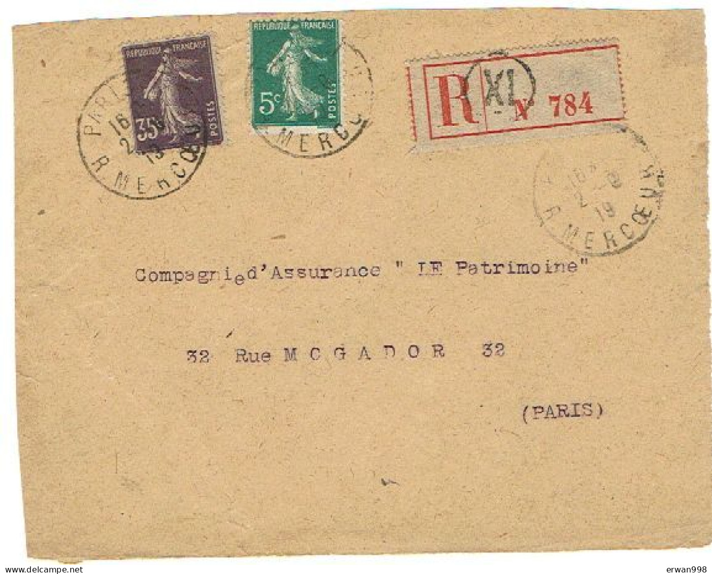 75 PARIS Lettre Recommandée 2/9/1919 Devant D'enveloppe  S/ Semeuse YT 137 Et 142  Cachet De Facteur XL (1109) - 1906-38 Säerin, Untergrund Glatt