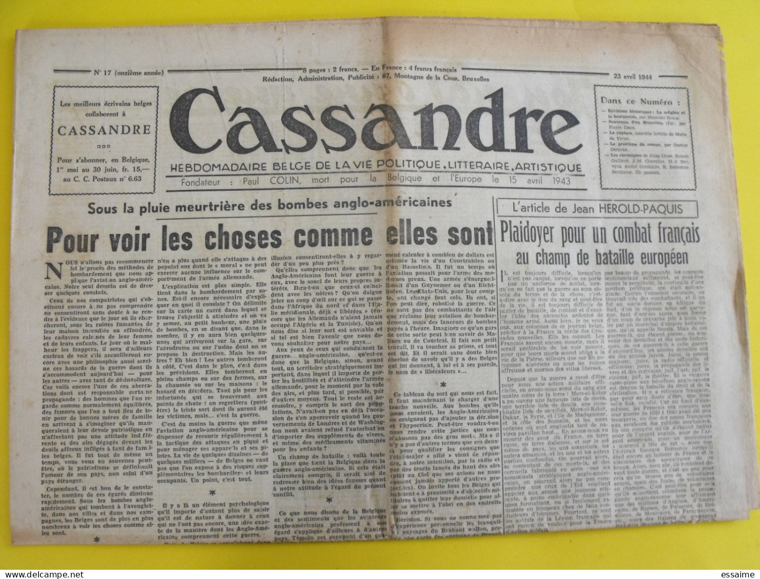 Cassandre N° 17 Du 23 Avril 1944 . Collaboration Antisémite. Belgique. Paul Colin Rocca Daye Hérold-Paquis Derycke - Guerre 1939-45