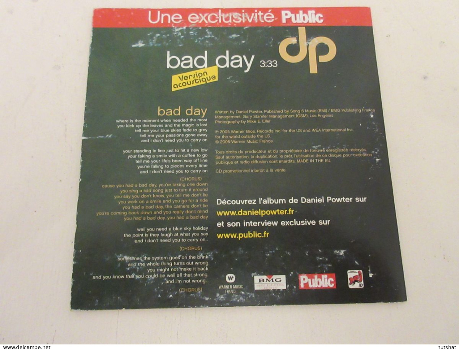 CD MUSIQUE 1 TITRES - Daniel POWTER - BAD DAY Version Acoustique - 2005         - Other - English Music