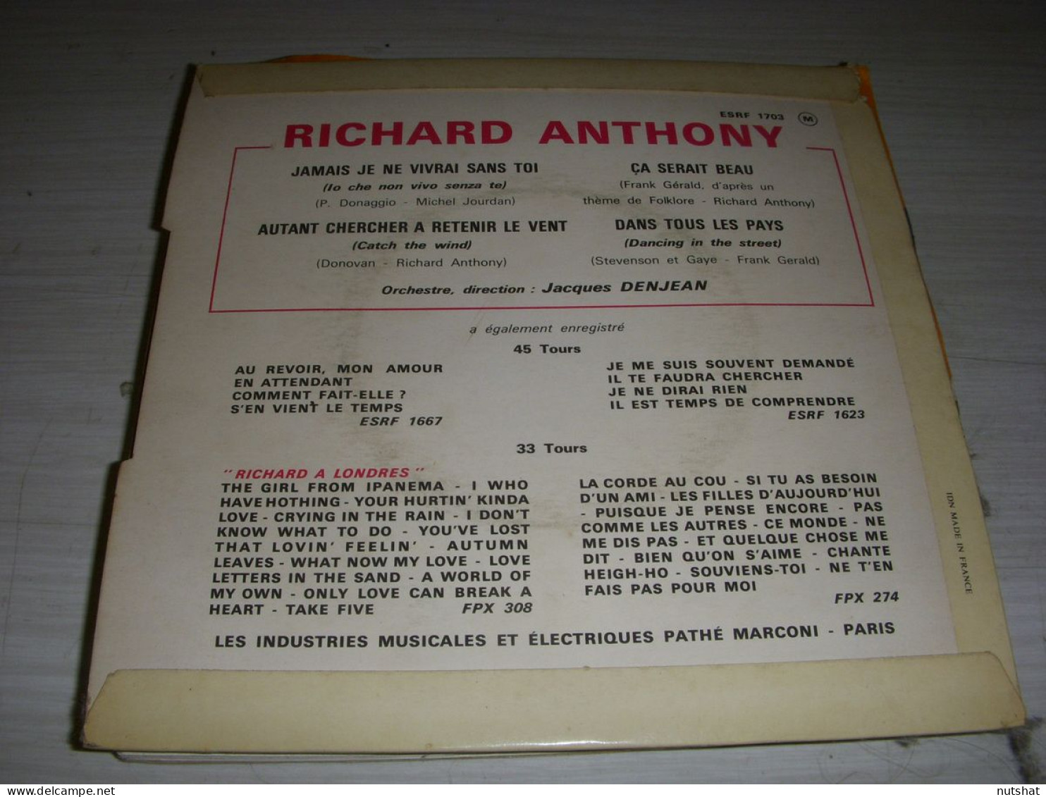 DISQUE VINYL 45 Tours Richard ANTHONY JAMAIS JE NE VIVRAI SANS TOI 4 Titres - Sonstige