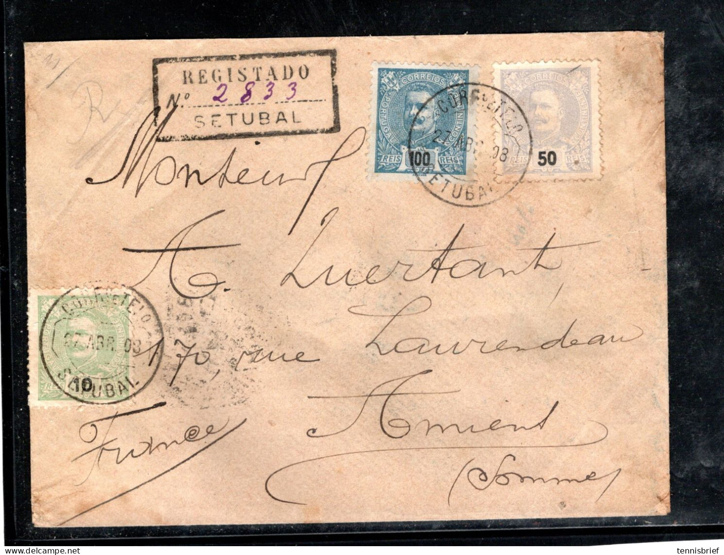 1908 , 10 , 50 , 100 R.  Registered Cover , Clear  " SETUBAL " To France, Very Good Condition #142 - Brieven En Documenten