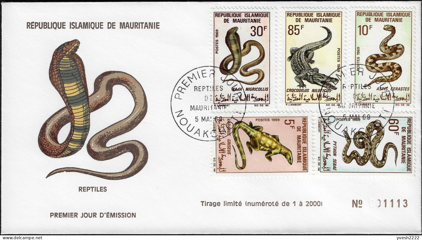 Mauritanie 1969 Y&T 263 à 267 Sur FDC. Reptiles Et Sauriens. Serpent : Naja, Python, Vipère. Crocodile, Varan - Serpents