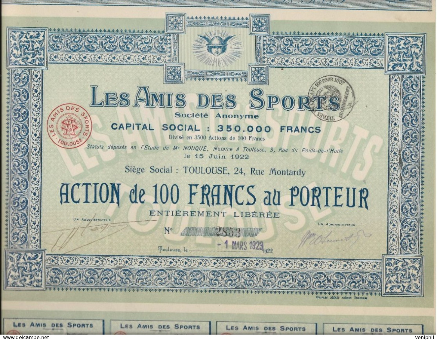 LES AMIS DES SPORTS -LOT DE 2 ACTIONS DE 100 FRANCS  -- ANNEE 1923 - Sports
