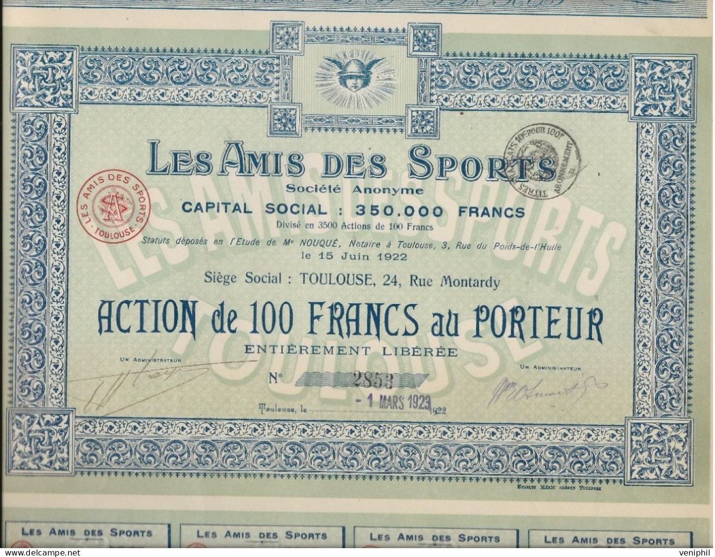 LES AMIS DES SPORTS -LOT DE 2 ACTIONS DE 100 FRANCS  -- ANNEE 1923 - Sport