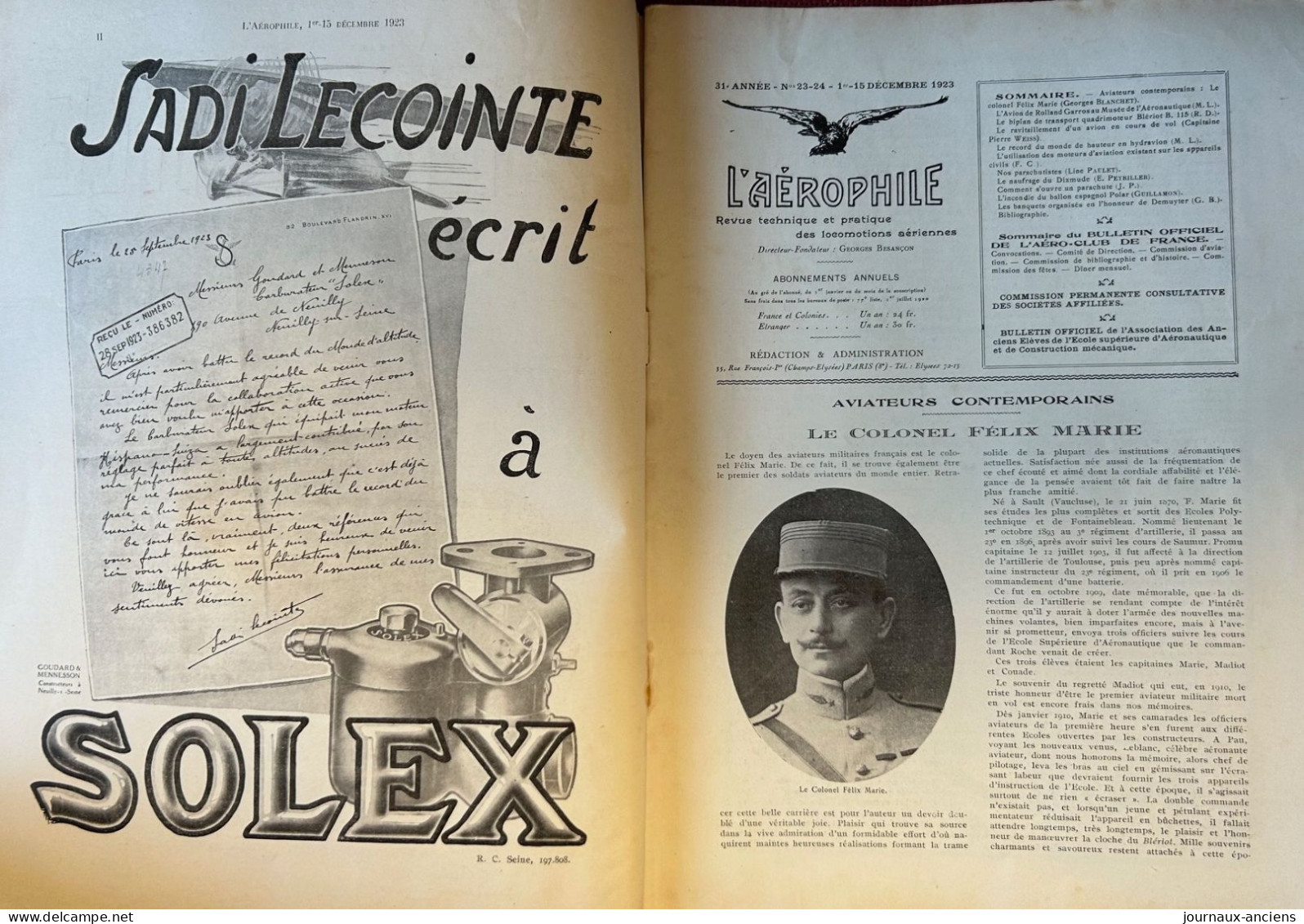 1923 AVIATION - Col Félix MARIE - Biplan BLÉRIOT- Cne Pierre WEISS - Hydravion - Parachutisme Line PAULET - Le Dixmude - 1900 - 1949