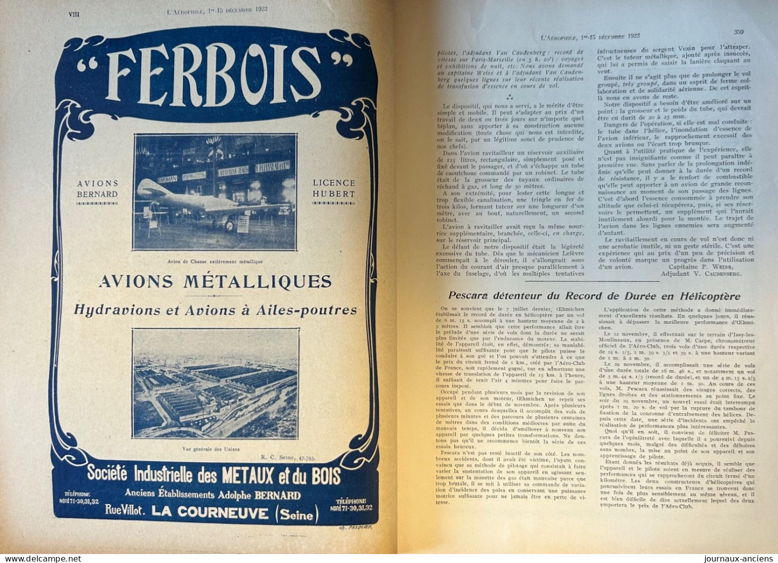 1923 AVIATION - Col Félix MARIE - Biplan BLÉRIOT- Cne Pierre WEISS - Hydravion - Parachutisme Line PAULET - Le Dixmude