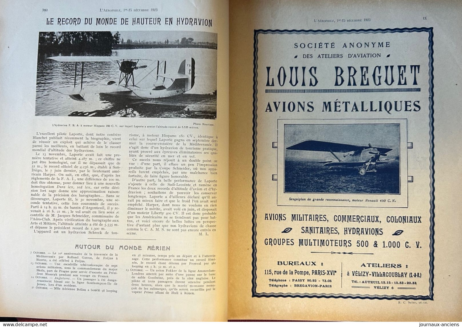 1923 AVIATION - Col Félix MARIE - Biplan BLÉRIOT- Cne Pierre WEISS - Hydravion - Parachutisme Line PAULET - Le Dixmude