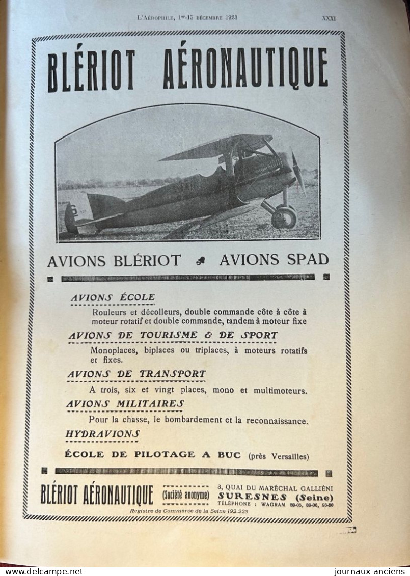 1923 AVIATION - Col Félix MARIE - Biplan BLÉRIOT- Cne Pierre WEISS - Hydravion - Parachutisme Line PAULET - Le Dixmude