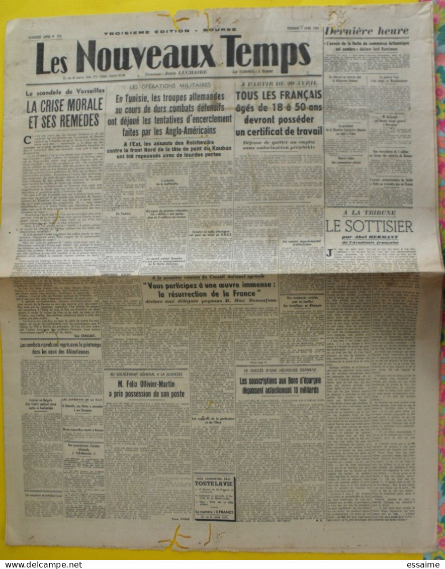 Les Nouveaux Temps N° 774 Du 2 Avril 1943. Jean Luchaire. Collaboration Antisémite. Crouzet Vitrac Hermant Derys - Guerra 1939-45