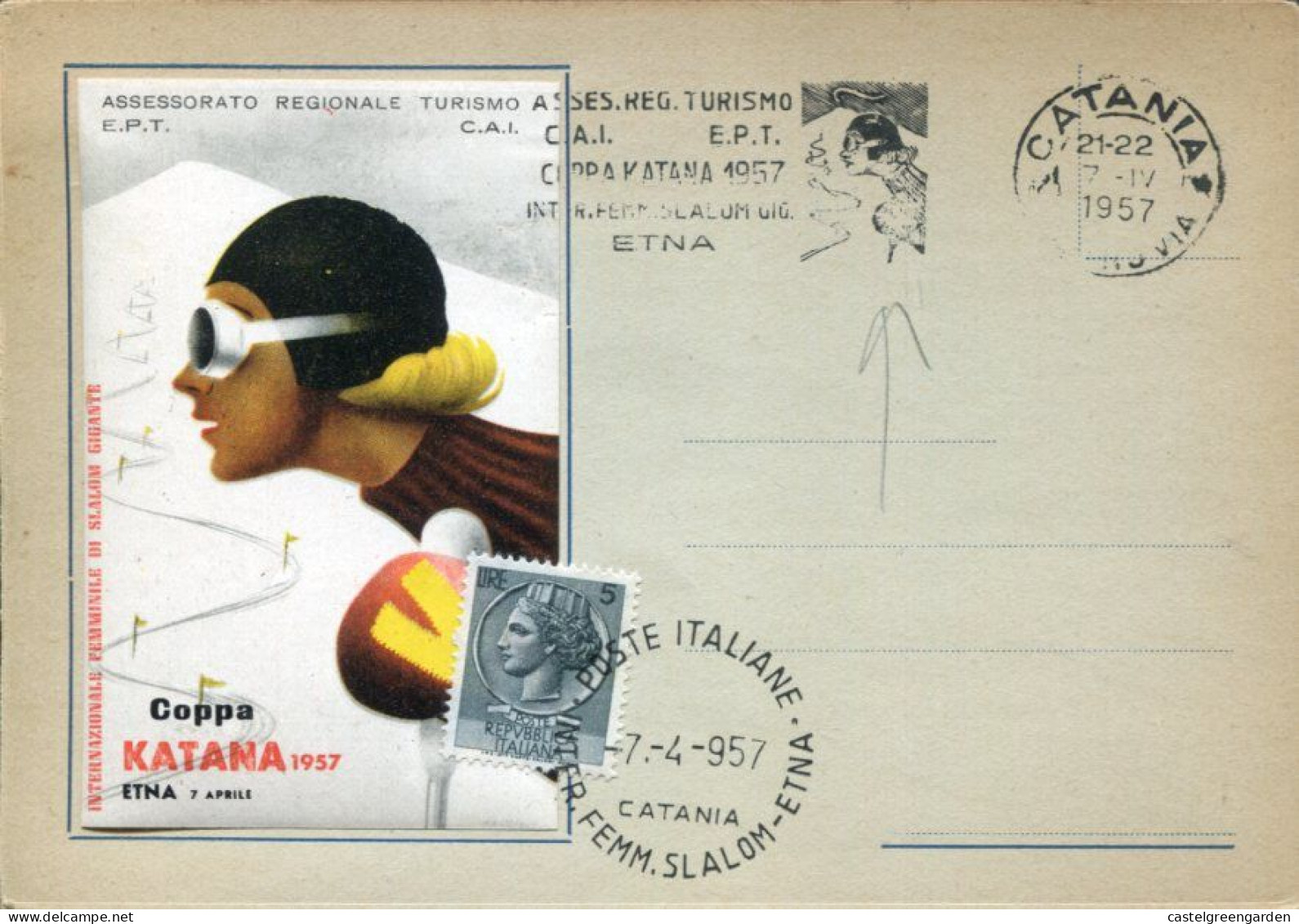 X0142 Italia Special Card And Postmark 1957 Catania Woman Ski Slalom Showing The Volcano Etna,vulkan,geology - Vulcani