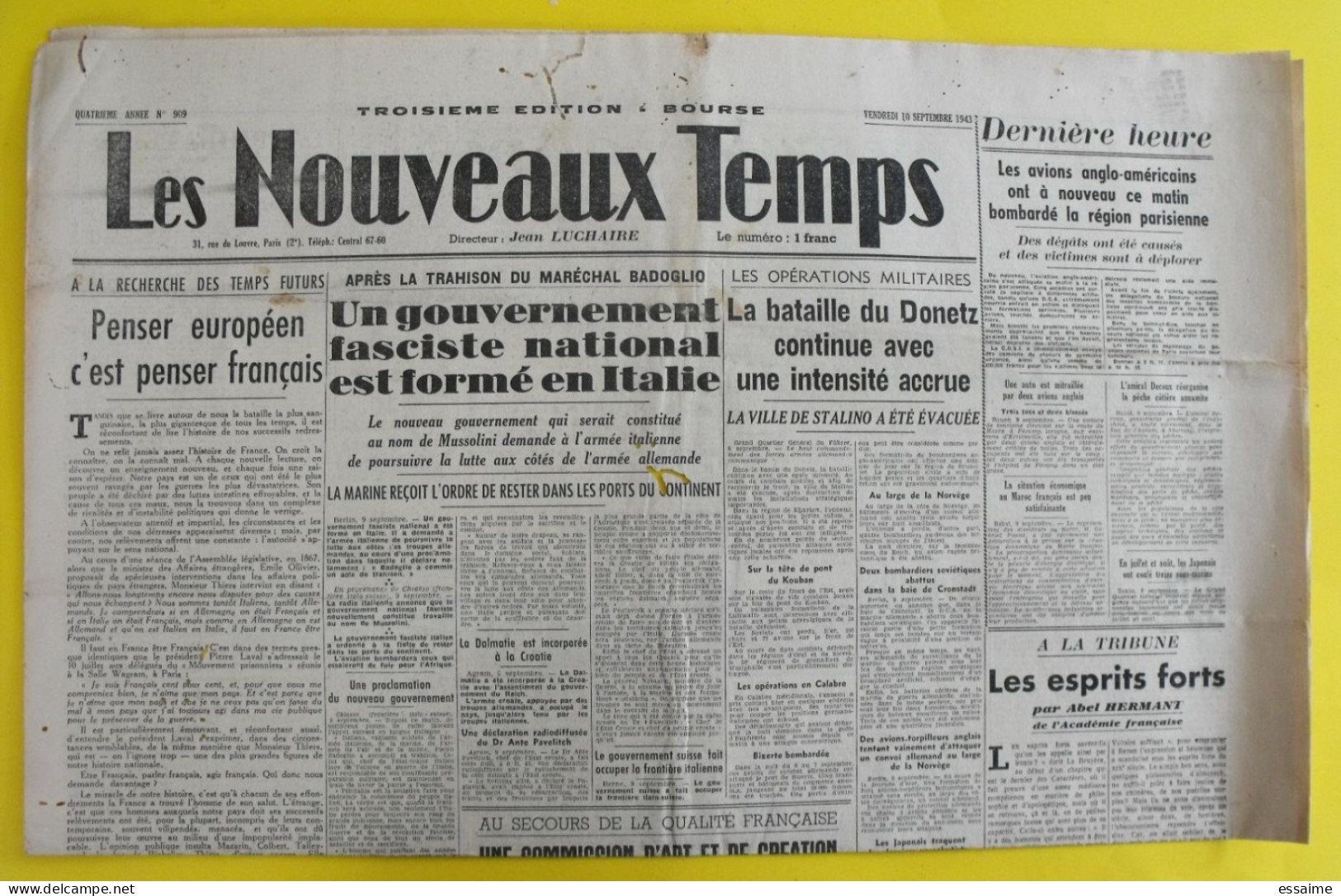 Les Nouveaux Temps N° 909 Du 10 Septembre 1943. Jean Luchaire. Collaboration Antisémite. Crouzet Japon Hermant - Guerre 1939-45