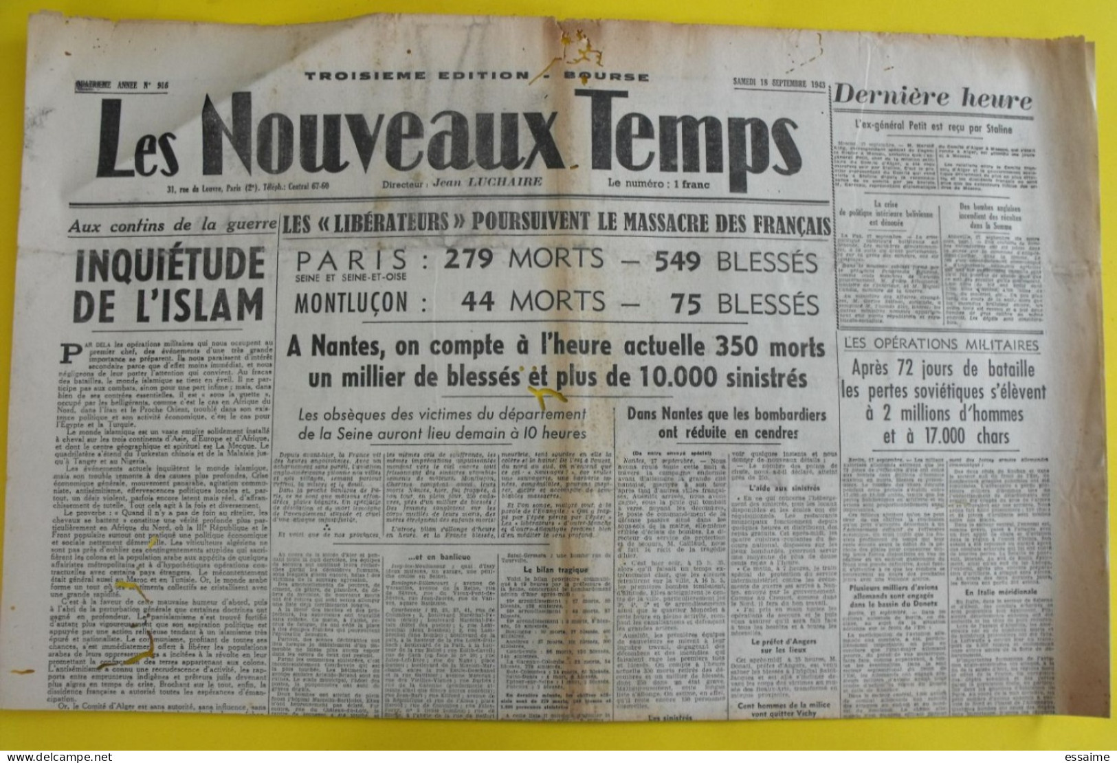 Les Nouveaux Temps N° 916 Du 18 Septembre 1943. Jean Luchaire. Collaboration Antisémite. LVF Milice - Guerra 1939-45