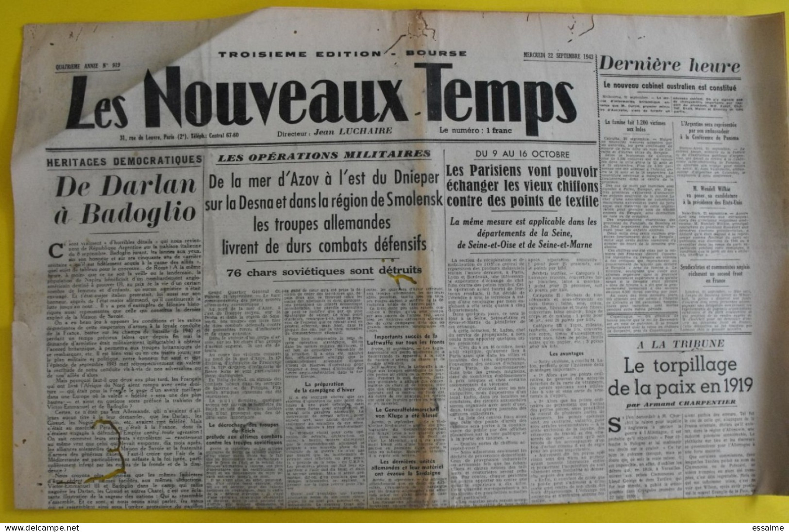 Les Nouveaux Temps N° 919 Du 22 Septembre 1943. Jean Luchaire. Collaboration Antisémite. Darlan Japon LVF Milice - Weltkrieg 1939-45