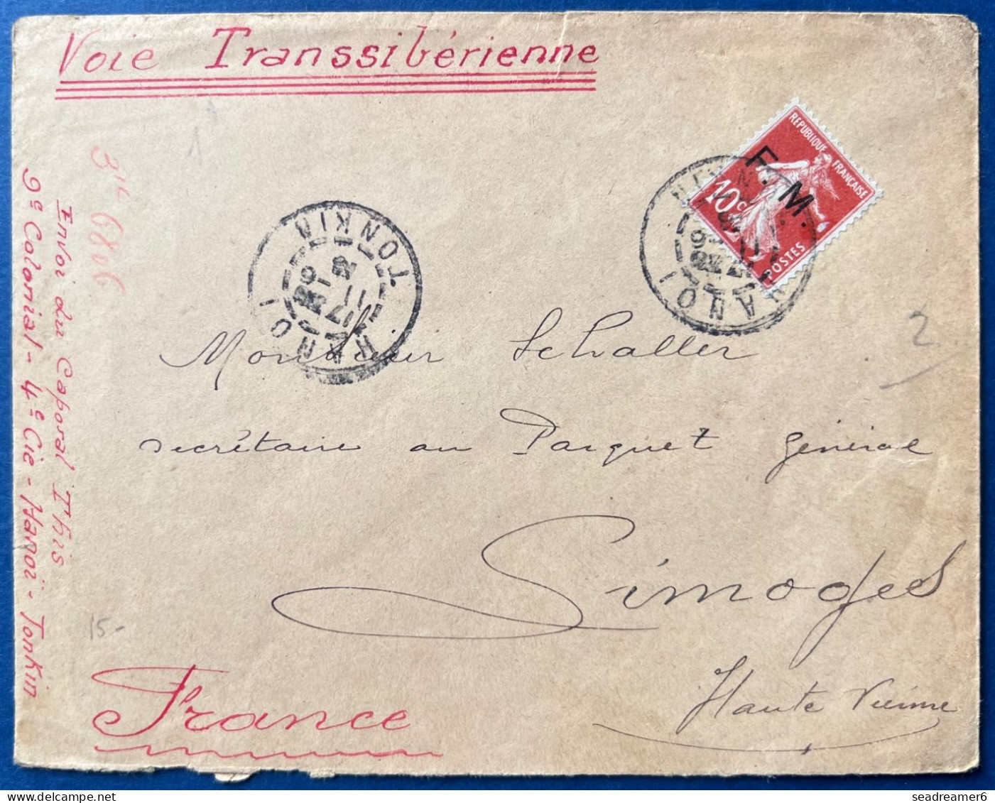 Lettre FM N°5 10c Rouge Obl Dateur " HANOI / TONKIN " Du 11 /6/1914 Pour LIMOGES Par Voie TRANSSIBERIENNE, Arrivée TTB - Lettres & Documents