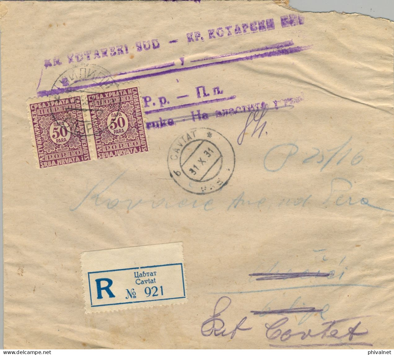 1931 YUGOSLAVIA ,  CAVTAT , SOBRE CERTIFICADO , YV. 60 X 2 - SELLOS DE TASA , IMPRESIÓN DE BELGRADO - Brieven En Documenten