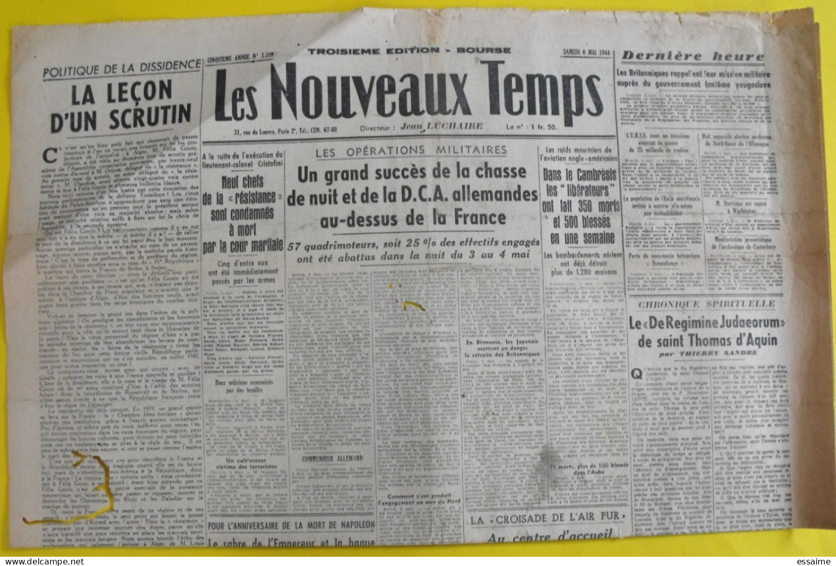 Les Nouveaux Temps N° 1109 Du 6 Mai 1944. Jean Luchaire. Collaboration Antisémite. Crouzet - Guerre 1939-45