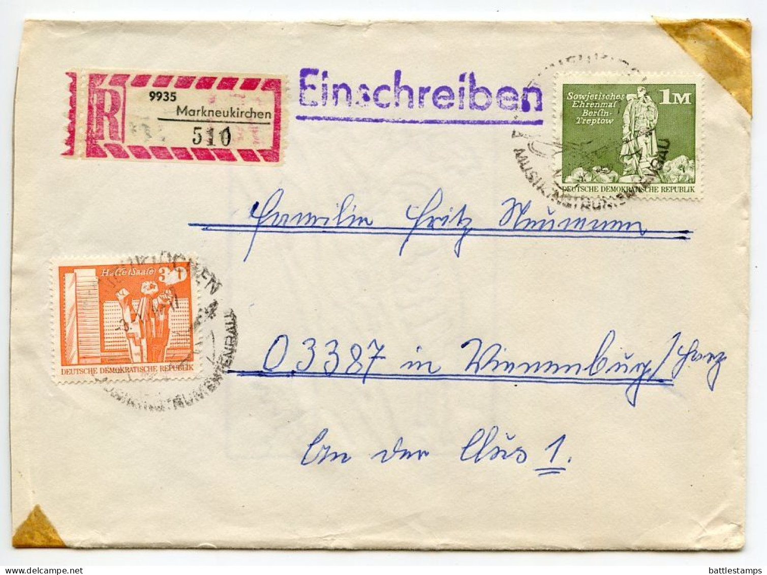 Germany East 1970's Registered Cover; Markneukirchen To Vienenburg; 30pf. Halle & 1m. Soviet War Memorial Stamps - Brieven En Documenten