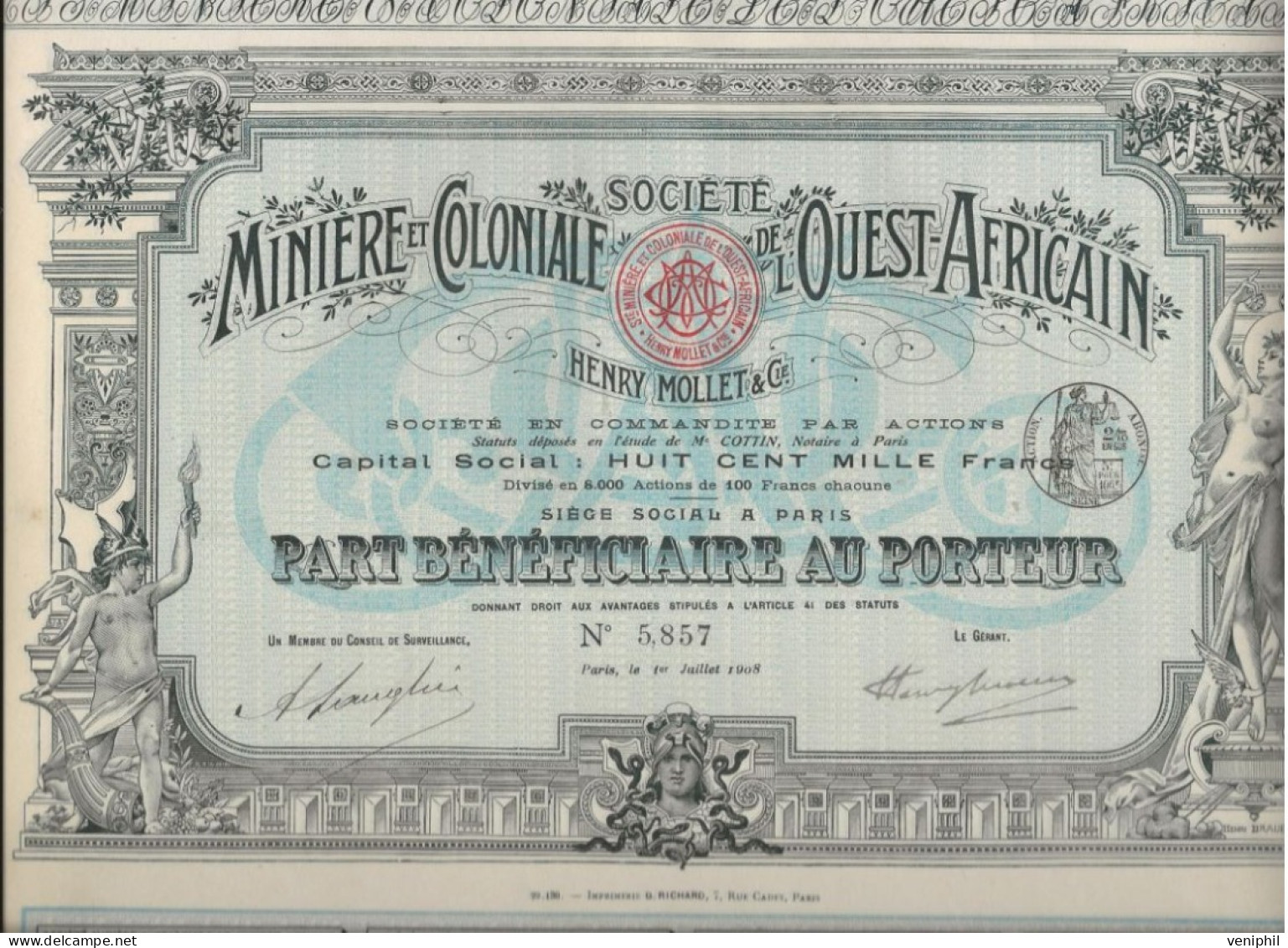 SOCIETE MINIERE ET COLONIALE DE L'OUEST AFRICAIN - LOT DE 5   -PARTS BENEFICIAIRE -ANNEE 1908 - Mijnen