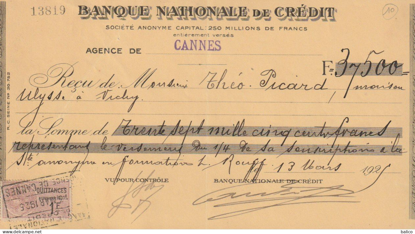 Reçu 1925 De Mr. ROUFF Rue Buttura Cannes - Banque Nationale De Crédit - 1900 – 1949