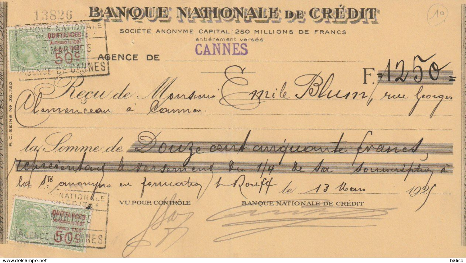 Reçu 1925 De Mr. ROUFF Rue Buttura Cannes - Banque Nationale De Crédit - 1900 – 1949