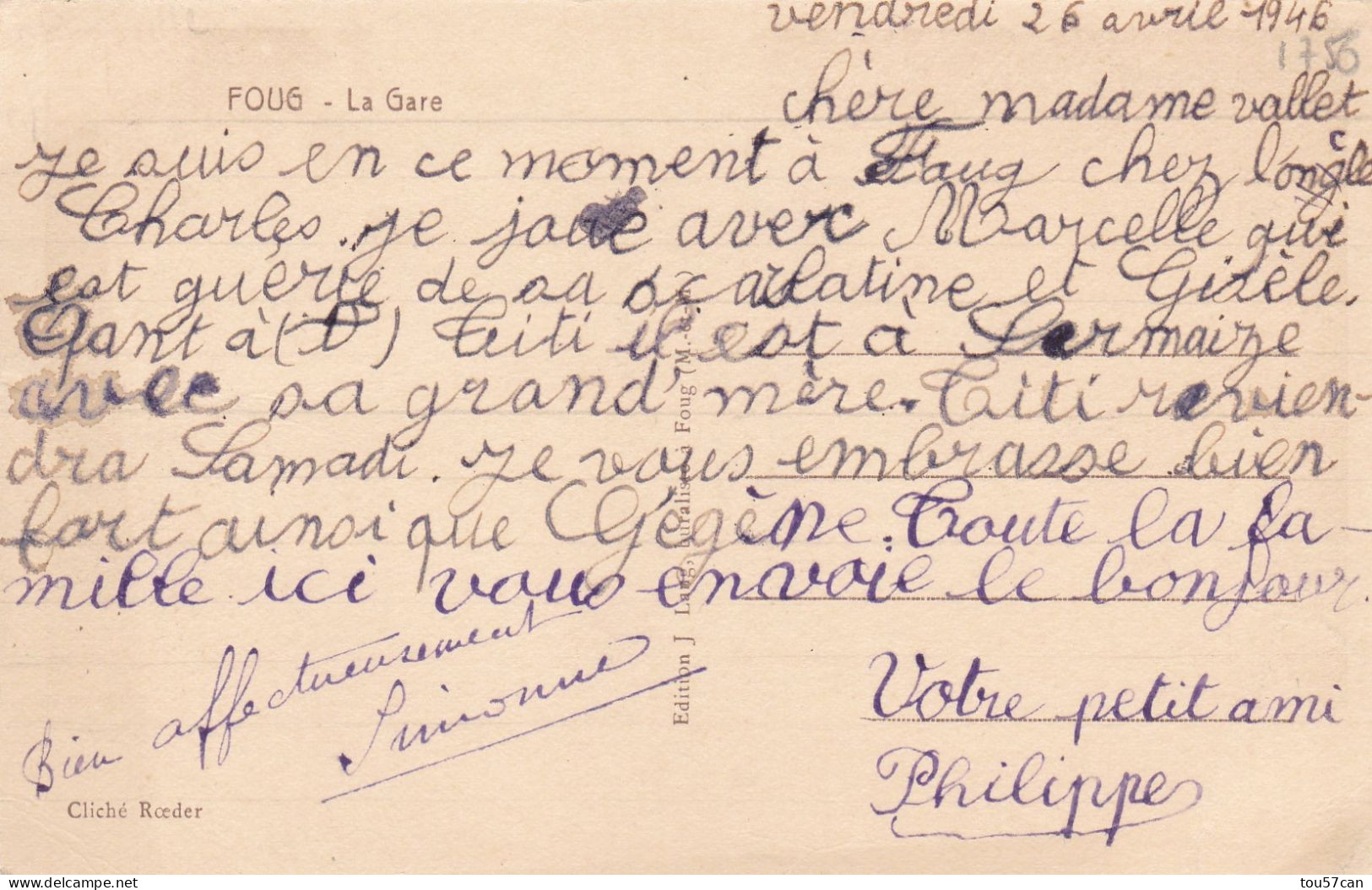 FOUG  -  MEURTHE & MOSELLE   -  ( 54)   -   CPA    DE  1946. - Stazioni Senza Treni