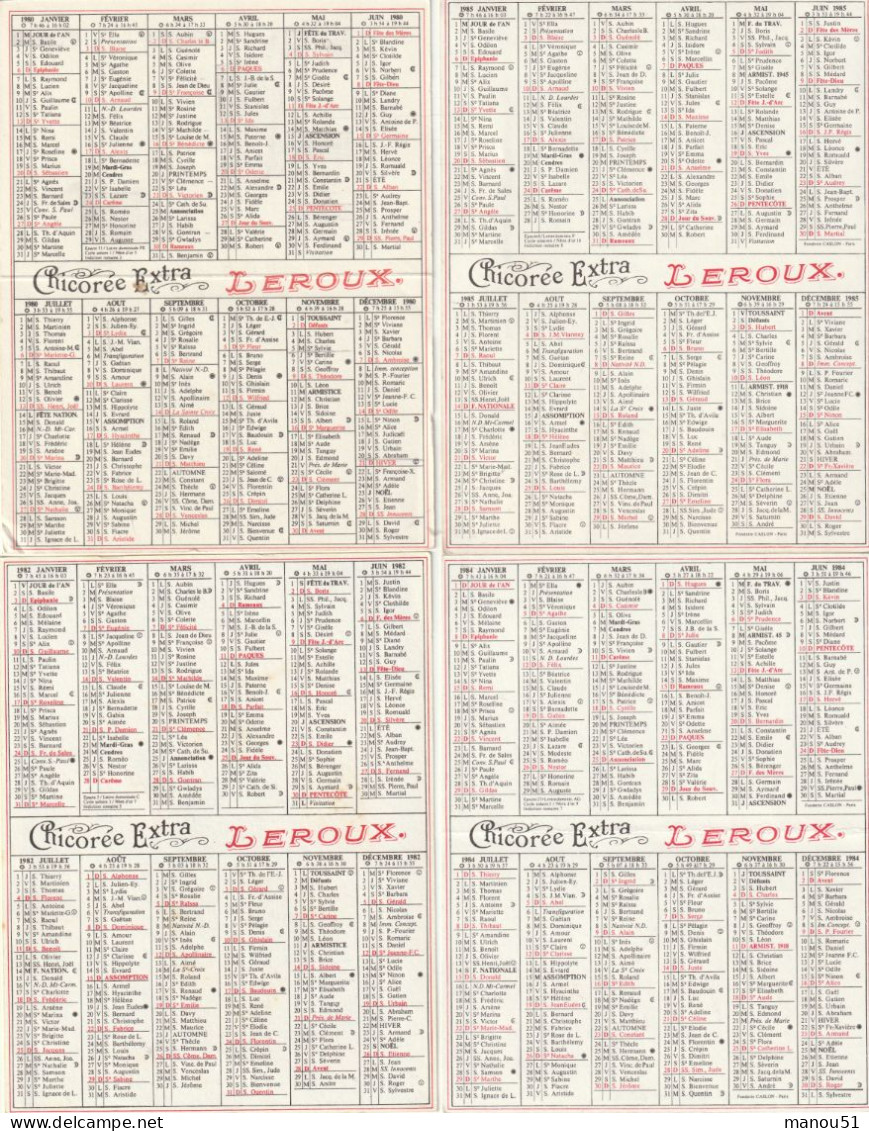 Lot De 4 Calendriers Petit Format Chicorée Extra LEROUX - 1980.1982.1984.1985 - Tamaño Pequeño : 1981-90