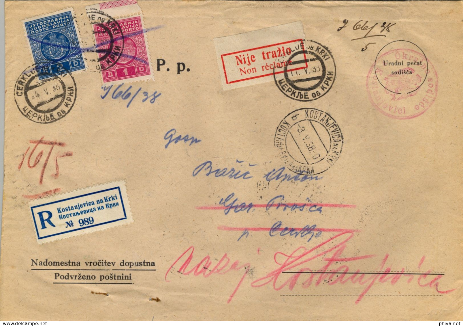 1938 YUGOSLAVIA ,  KOSTANJEVICA NA KRKI - CERKLJE OB KRKI , CERTIFICADO , YV. 79 , 80 TAXE , " NON RÉCLAMÉ " - Storia Postale