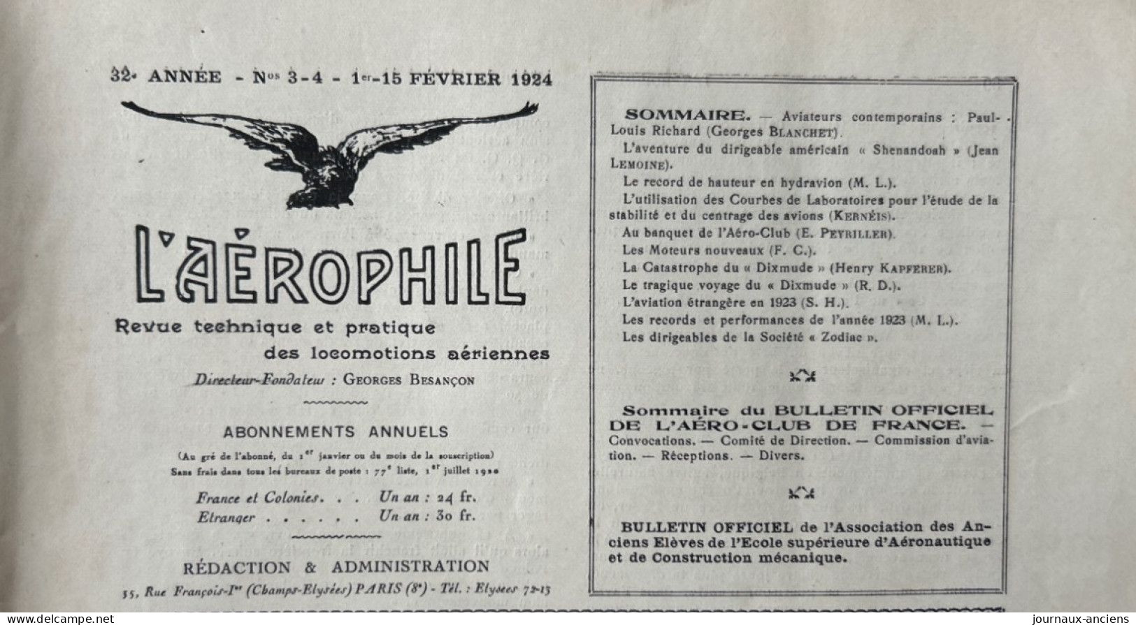 1924 AVIATION - Revue " L'AÉROPHILE " - N• 3-4 ( Revue Vendue Complète ) - Sommaire En Photo - Nombreuses Publicités - 1900 - 1949