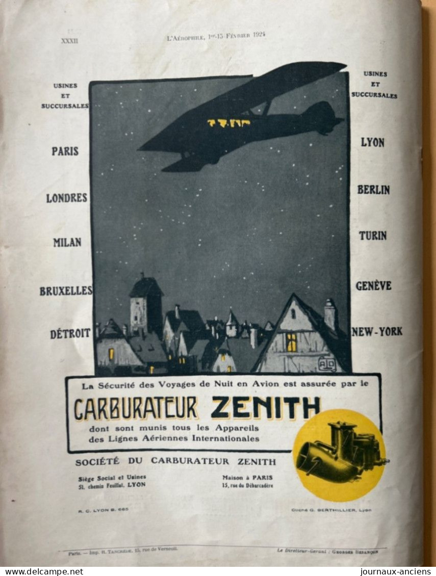 1924 AVIATION - Revue " L'AÉROPHILE " - N• 3-4 ( Revue Vendue Complète ) - Sommaire en photo - Nombreuses Publicités