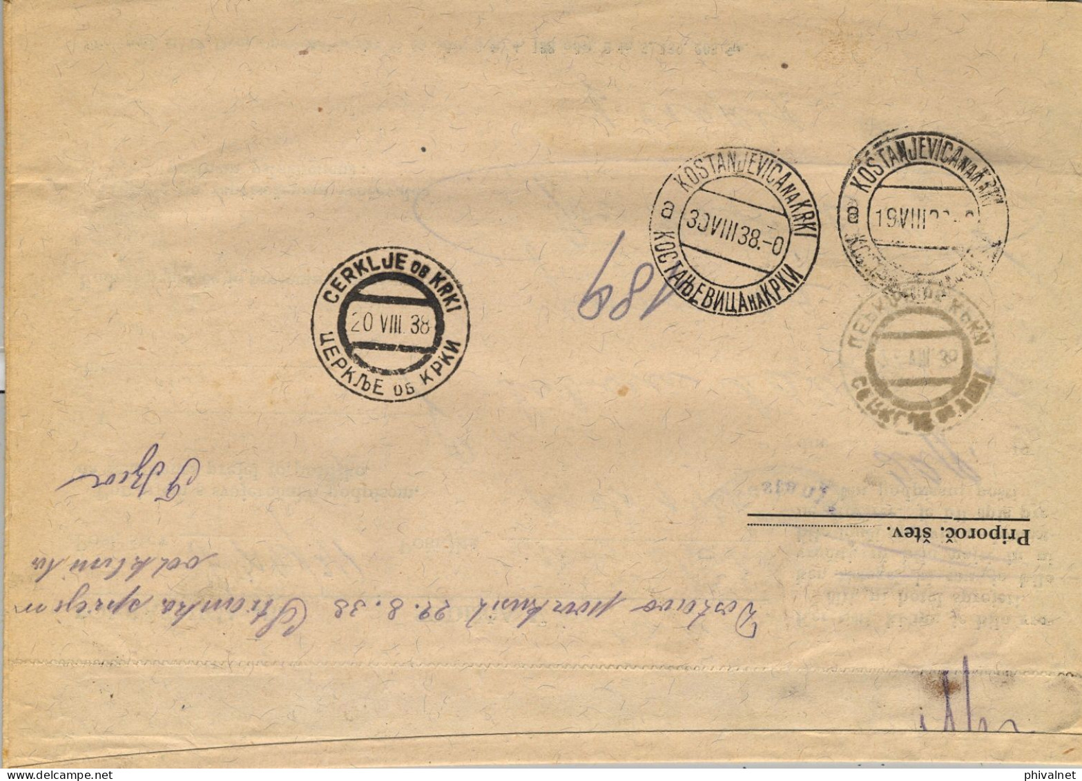 1938 YUGOSLAVIA ,  KOSTANJEVICA NA KRKI - CERKLJE OB KRKI , CERTIFICADO , YV. 79 , 80 TAXE , " NON RÉCLAMÉ " - Storia Postale