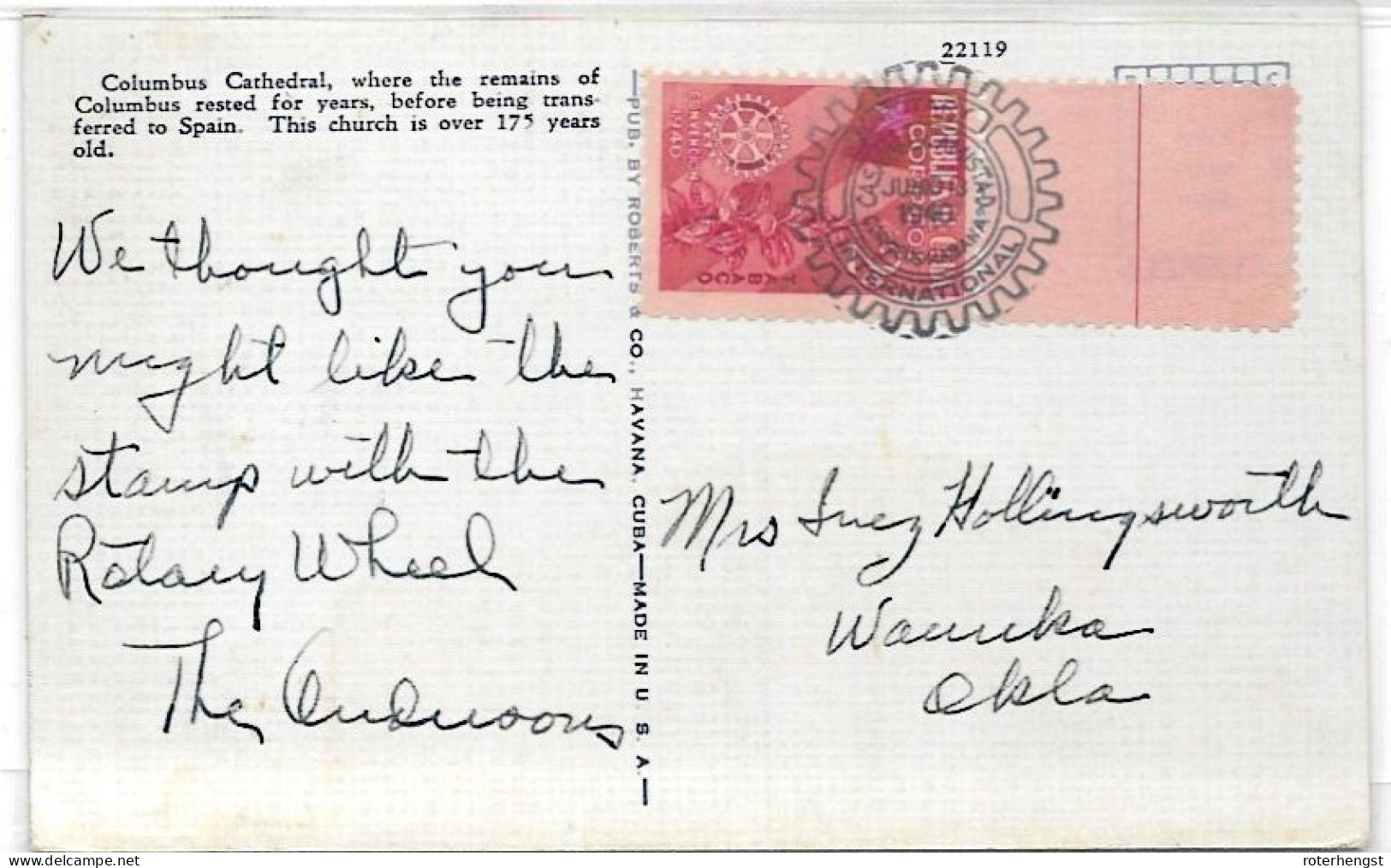 Cuba Postcard Of Havana Cathedral 13.06.1940 Rotary Club Cancel - Cartas & Documentos