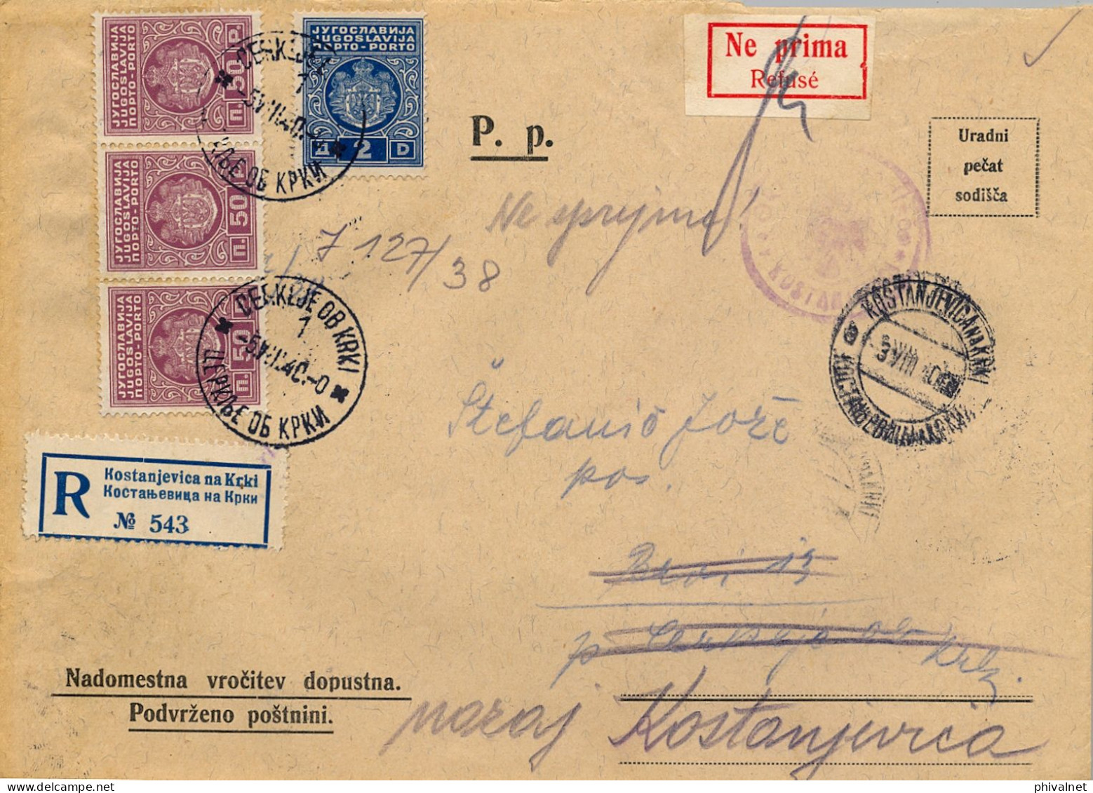 1940 YUGOSLAVIA ,  KOSTANJEVICA NA KRKI - CERKLJE OB KRKI , CERTIFICADO , YV. 78 X 3 , 80 TAXE , " REFUSÉ " - Cartas & Documentos