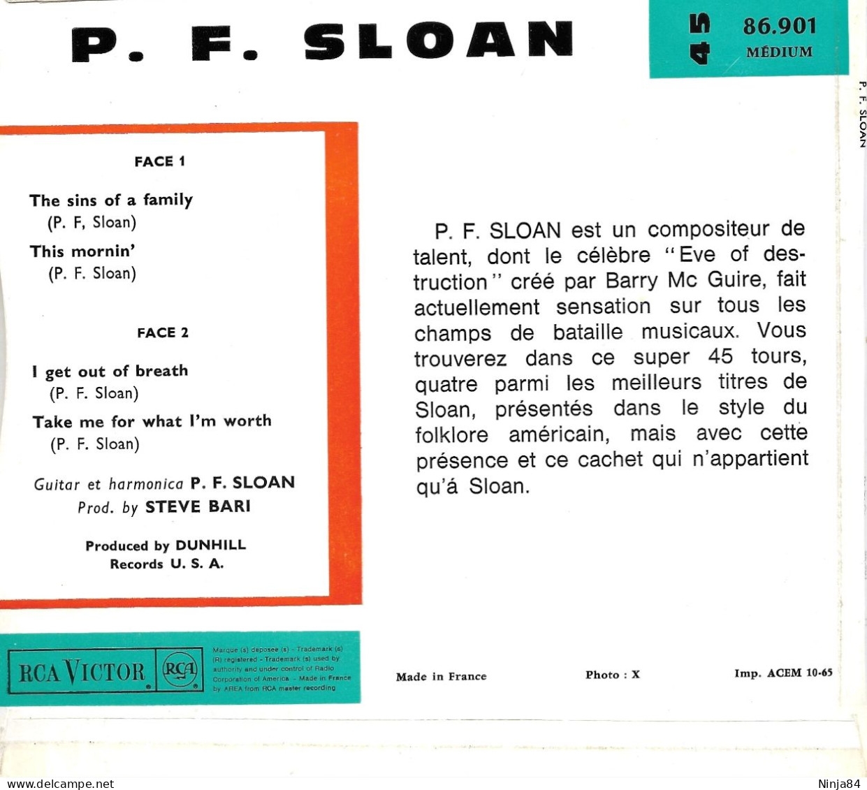 EP 45 RPM (7") P.F. Sloan  " The Sins Of A Family  " - Rock