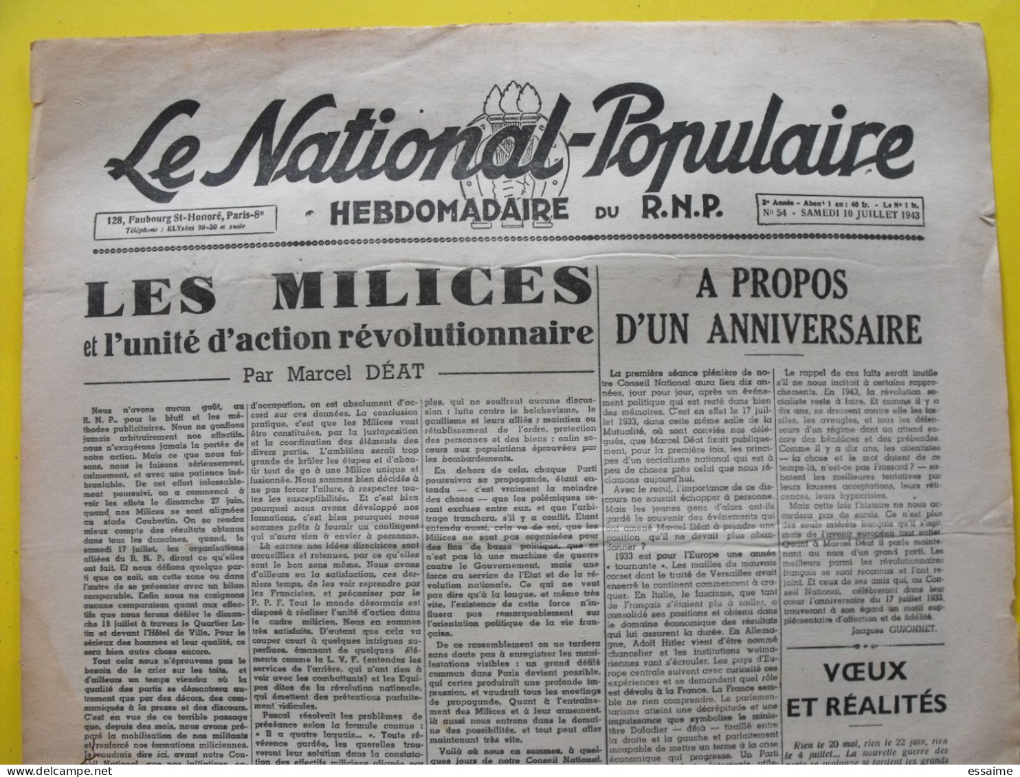 Le National-Populaire RNP N° 54 Du 10 Juillet 1943. Collaboration Antisémite. Marcel Déat Doriot Laval Milice JNP - Guerre 1939-45