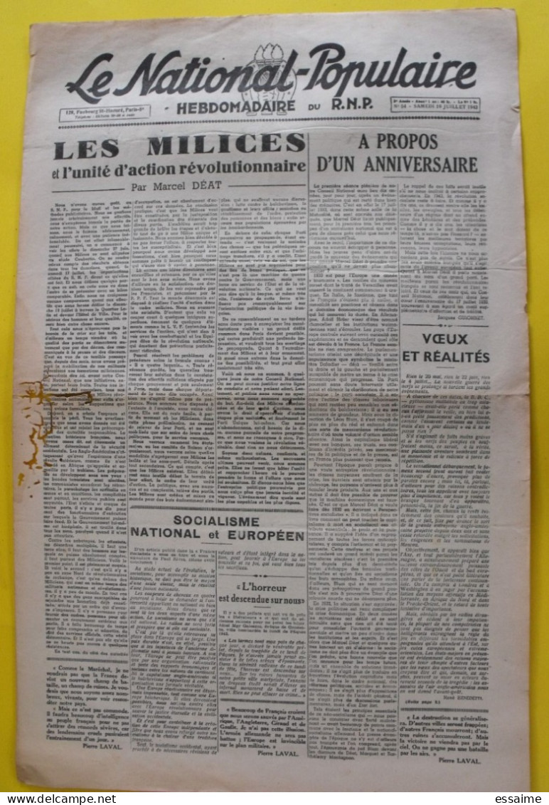 Le National-Populaire RNP N° 54 Du 10 Juillet 1943. Collaboration Antisémite. Marcel Déat Doriot Laval Milice JNP - Guerra 1939-45