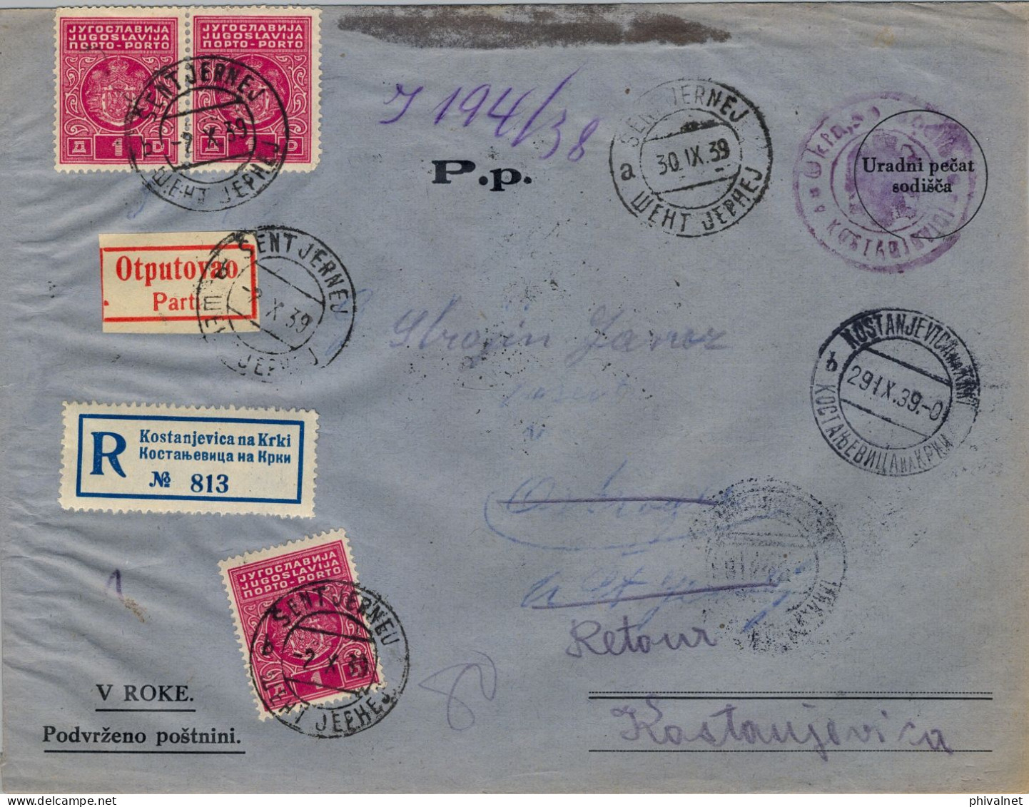 1939 YUGOSLAVIA ,  KOSTANJEVICA NA KRKI - SENTJERNEJ , CERTIFICADO , YV. 79 X 3 TAXE , " PARTÍ " - Storia Postale