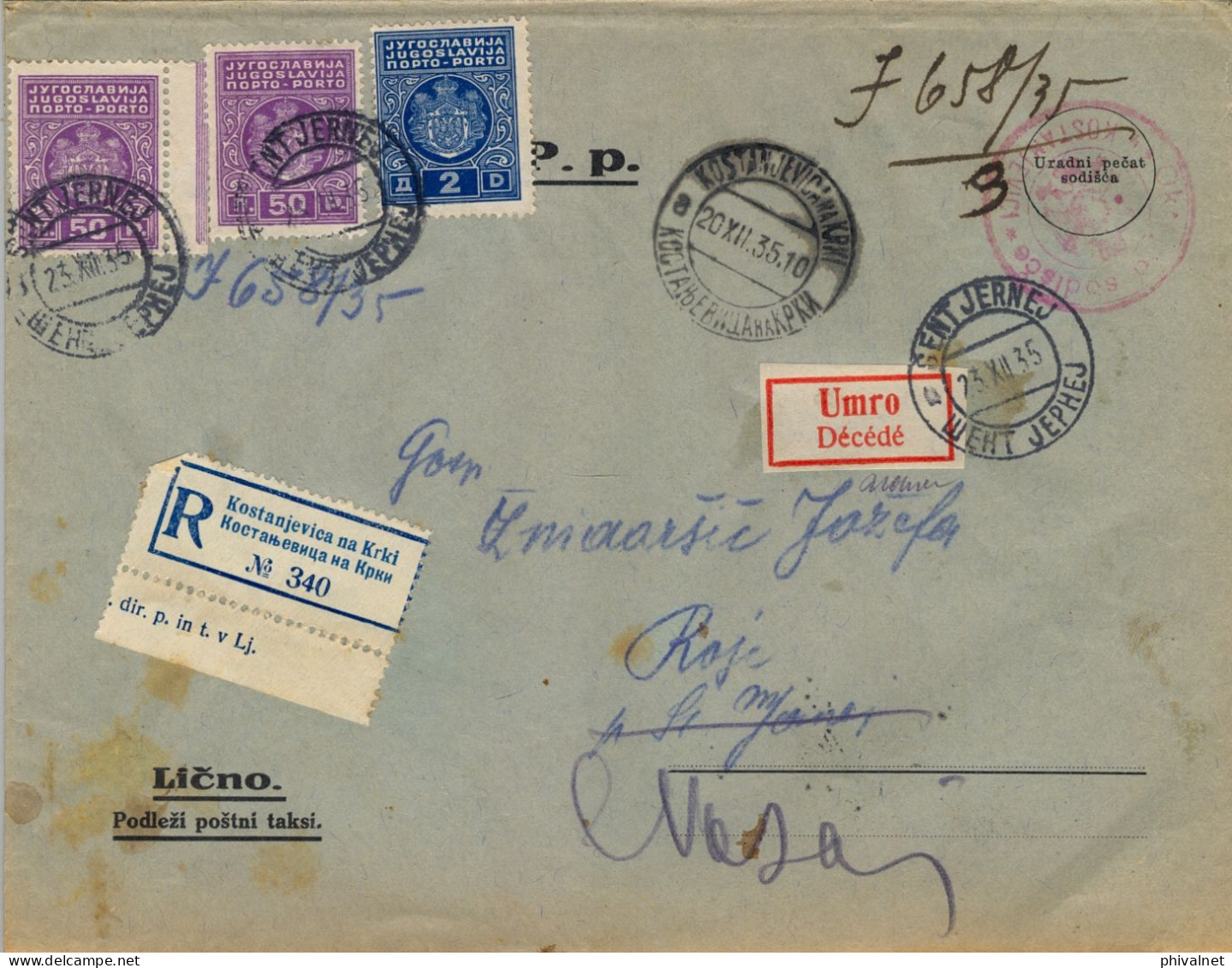 1935 YUGOSLAVIA ,  KOSTANJEVICA NA KRKI - SENTJERNEJ , CERTIFICADO , YV. 78 X 2 , 80 TAXE , " DÉCÉDÉ " - Storia Postale