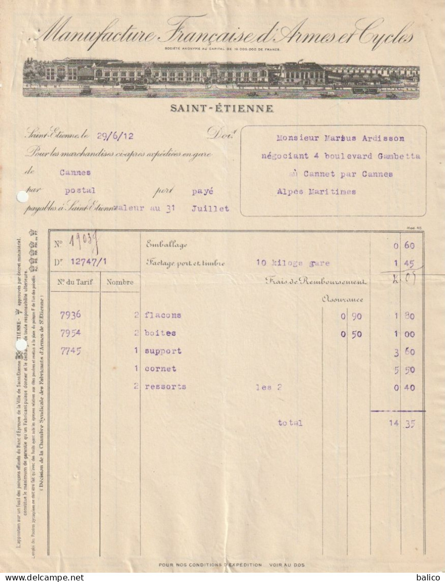 Facture - Manufacture Française D'Armes Et Cycles - Saint Étienne 1912 - 1900 – 1949