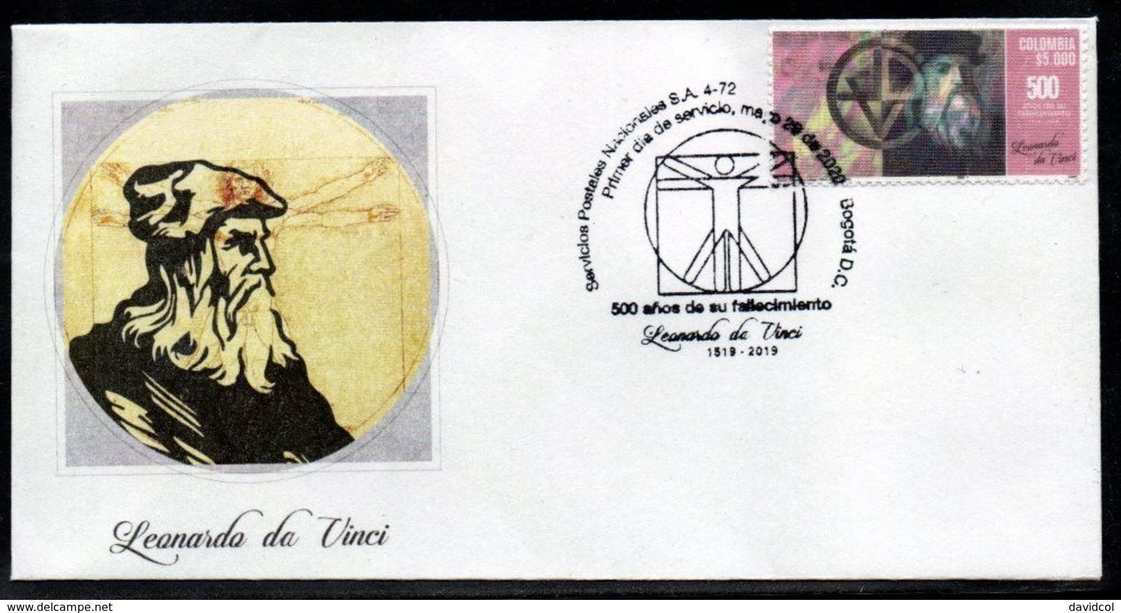 COLOMBIA- KOLUMBIEN- 2020 FDC/SPD. DA VINCI 500 YEARS 1519-2019- SILK STAMP - Colombie