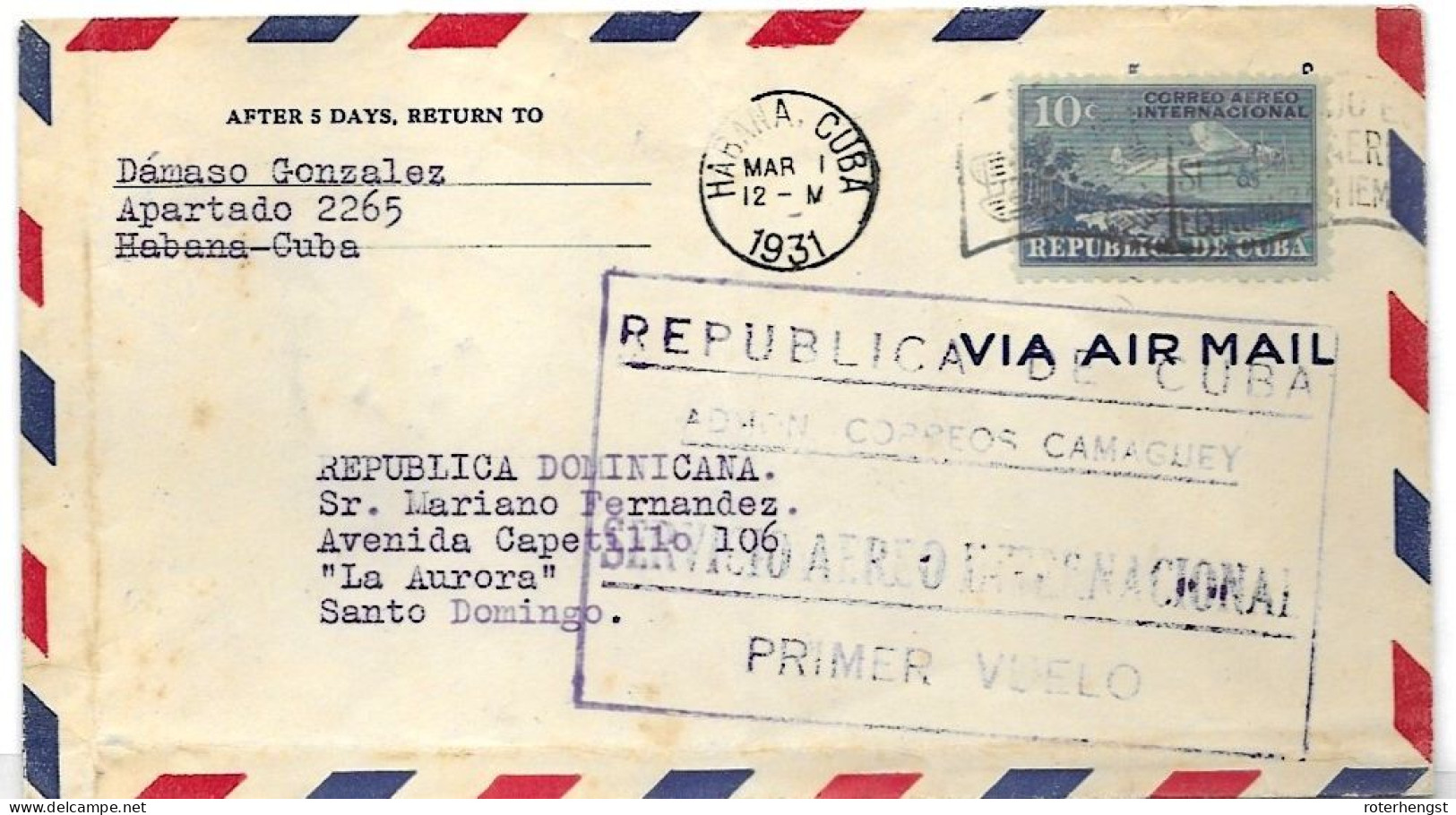 Cuba Airmail Letter 1931 To Dominican Republic FIRST FLIGHT Havana To Santo Domingo (great Cancels On Back) - Brieven En Documenten