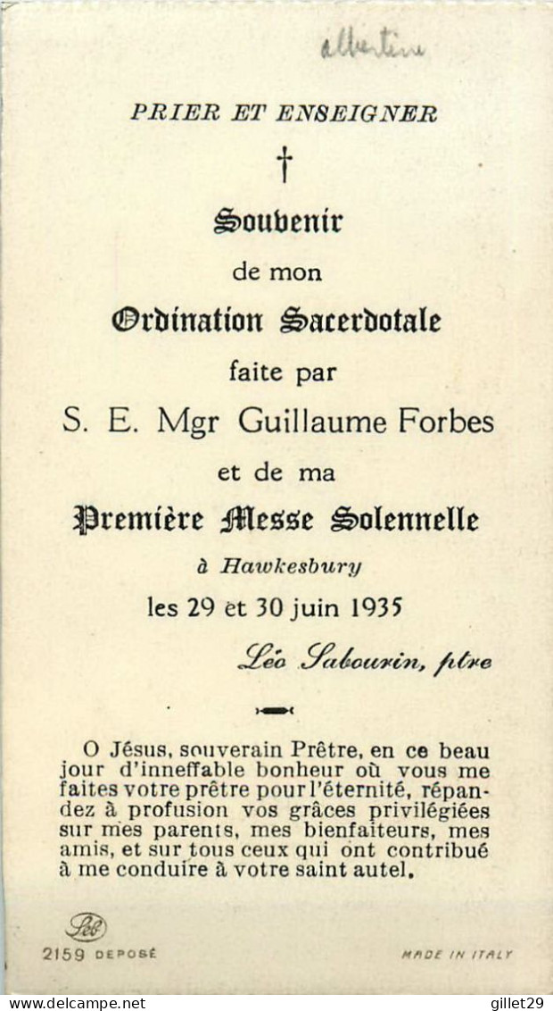 RELIGION - GUSTATE EL VIDELE - ORDINATION À HAWKESBURY EN 1935 DE S. E. MGR GUILLAUME FORBES - - Religion & Esotericism