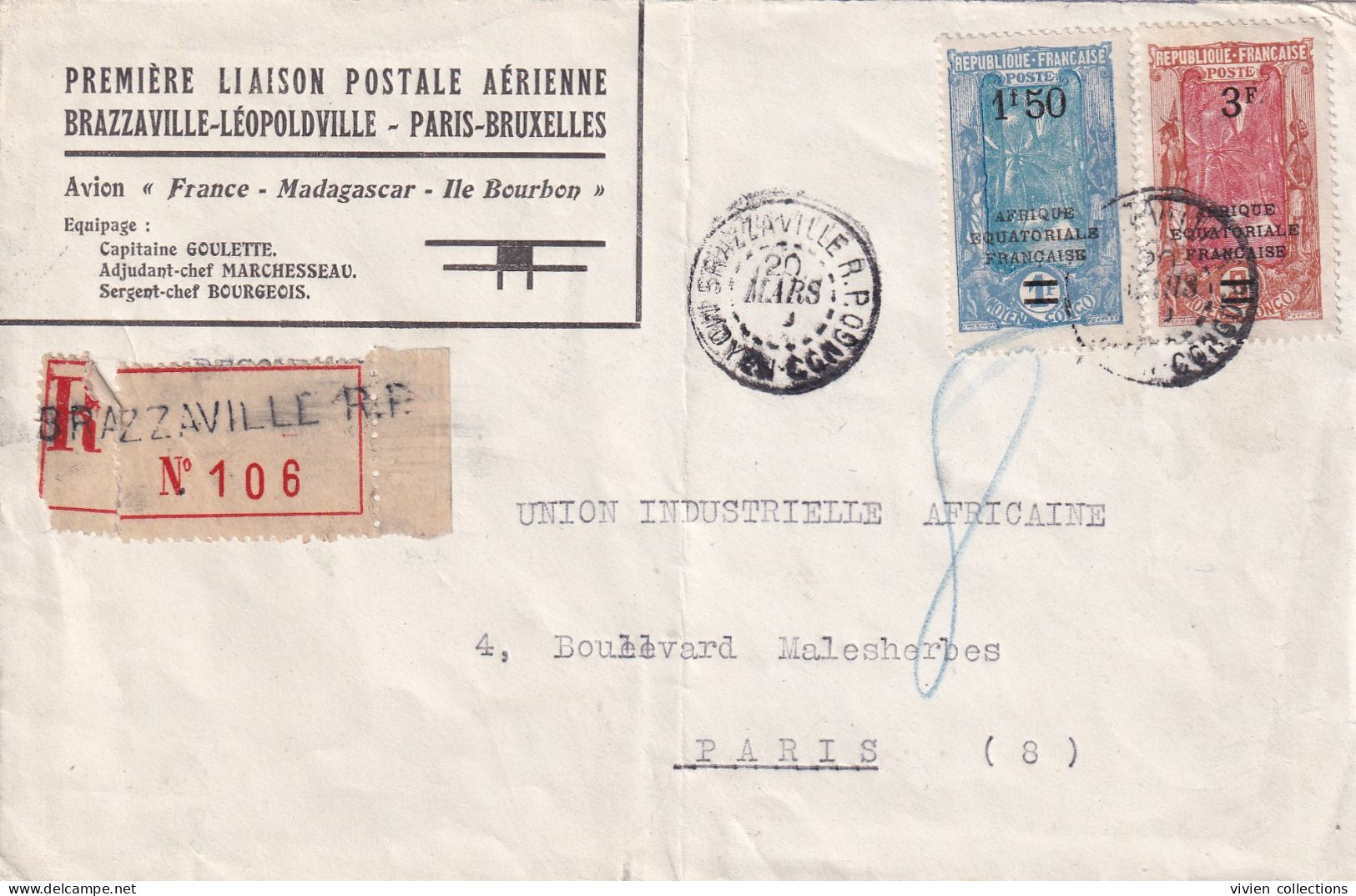 1ere Liaison Aérienne 1930 Brazzaville Léopoldville Paris Bruxelles Avion France Madagascar Ile Bourbon Par Recommandée - Storia Postale