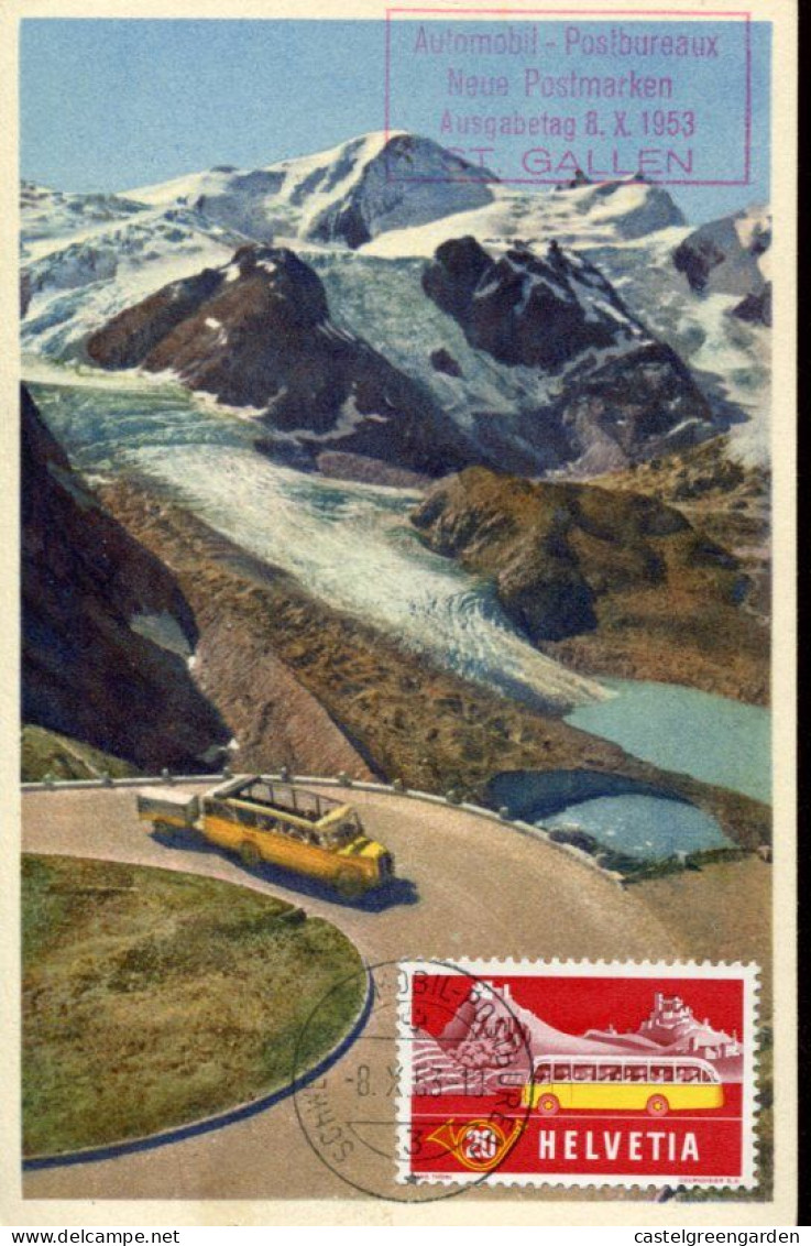 X0148 Switzerland,maximum 1953 Fdc Postauto In Der Berge, Automobil Postbureau St. Gallen - Cartoline Maximum